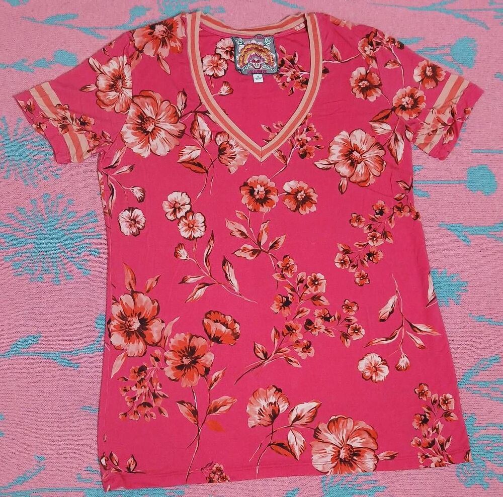 Johnny was womens small coral pink floral blouse soft viscose bamboo